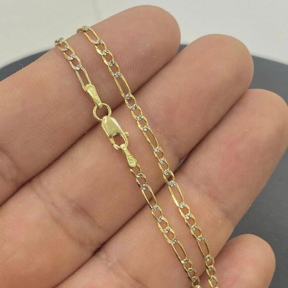 14K Yellow Gold Two Tone Necklace Figaro 24" Chain for Mens Fashion Design Gifts - Picture 2 of 5